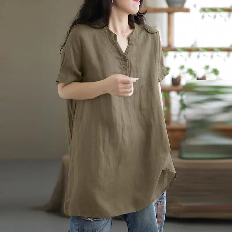 Women's Cotton and Hemp Shirt™ Commuting Style Casual Half Open Short Sleeve Shirt