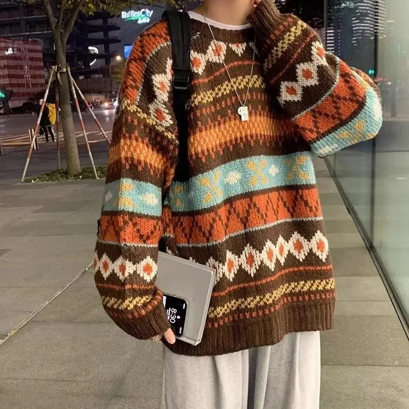 Men's Vintage Sweater™ Trendy Ethnic Striped Loose-Fit Knitted Crew Neck Idle Style Sweater