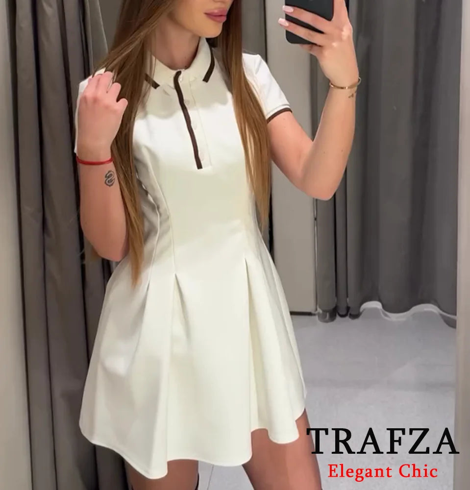 TRAFZA-Women's Burgundy Dress™ Contrasting Ribbed Lapel Buttons Classic Campus Dress