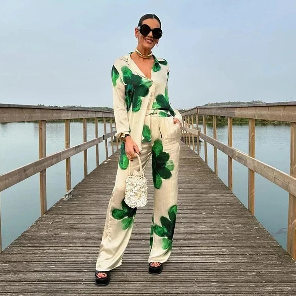 Women's TRAFZA Vintage Satin Suit™ Loose Lapel Shirt + High Waisted Pants Set
