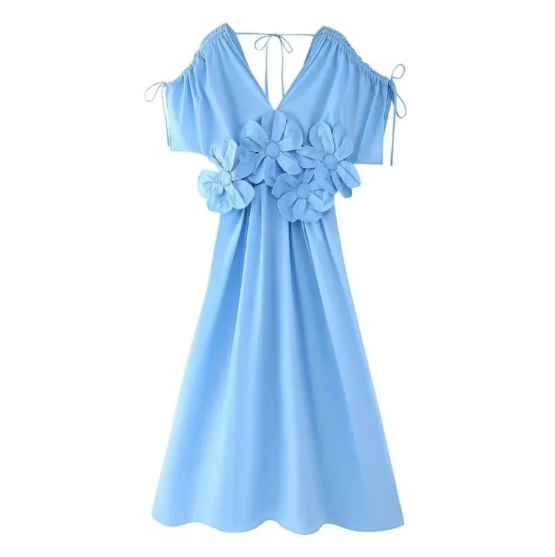 Women's V-Neck Blue Dress™ Waist-Fitted Bow-Decored Long Dress