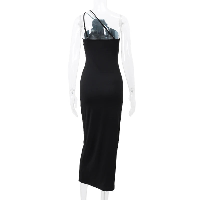 Women's Solid Sleeveless Slim Dress Aesthetic Oblique Strap Backless Prom Dresses