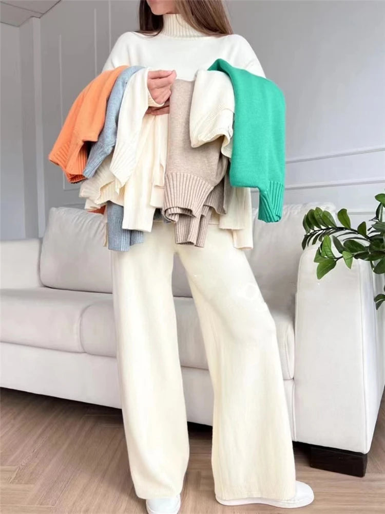 Women Tracksuit™ Knitted Turtleneck Sweater and Straight Jogging Pants Suits