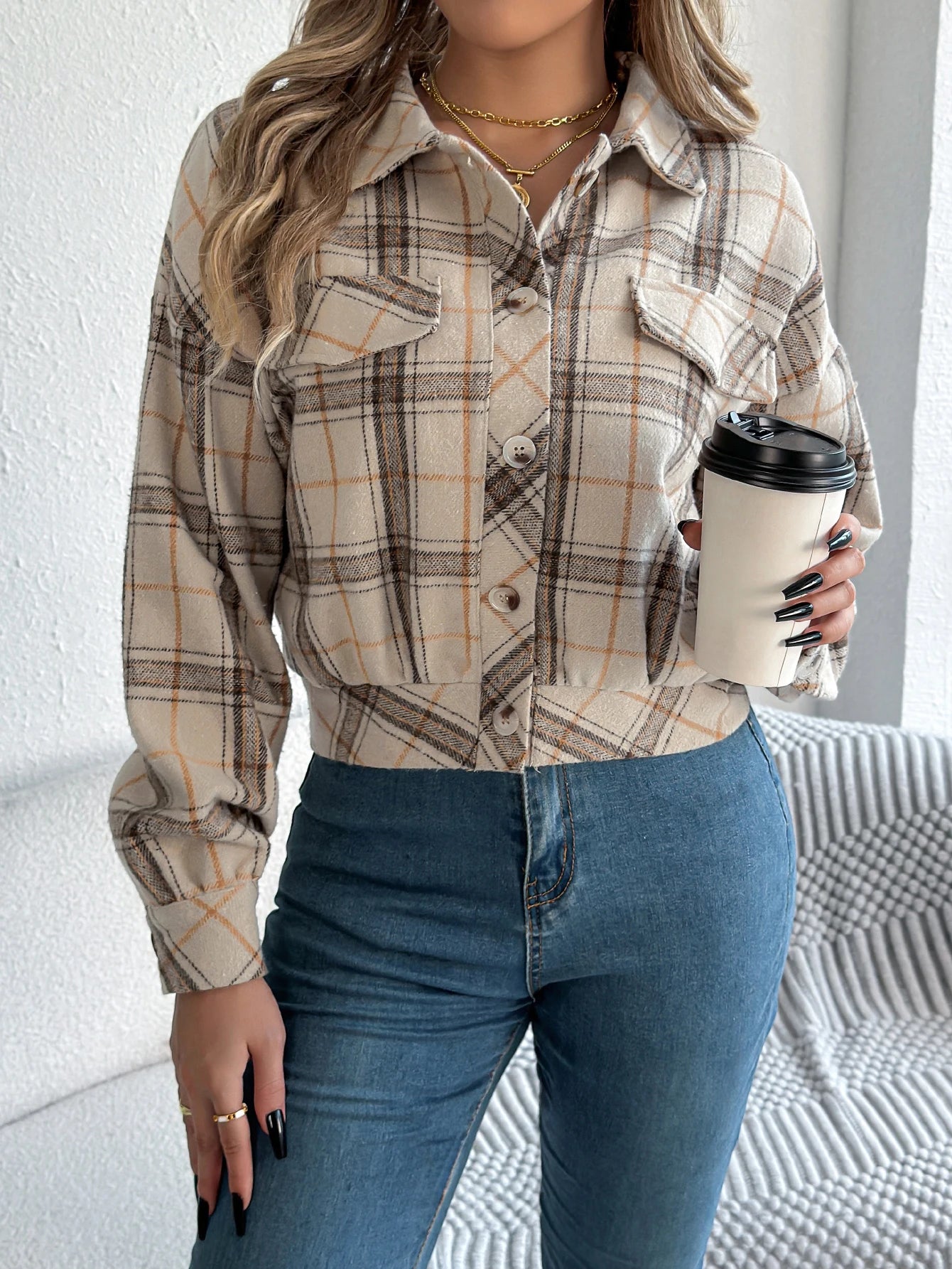 Women's Plaid Short Coat™ Lantern Long Sleeve Turn-Down Collar Button Woolen Jacket
