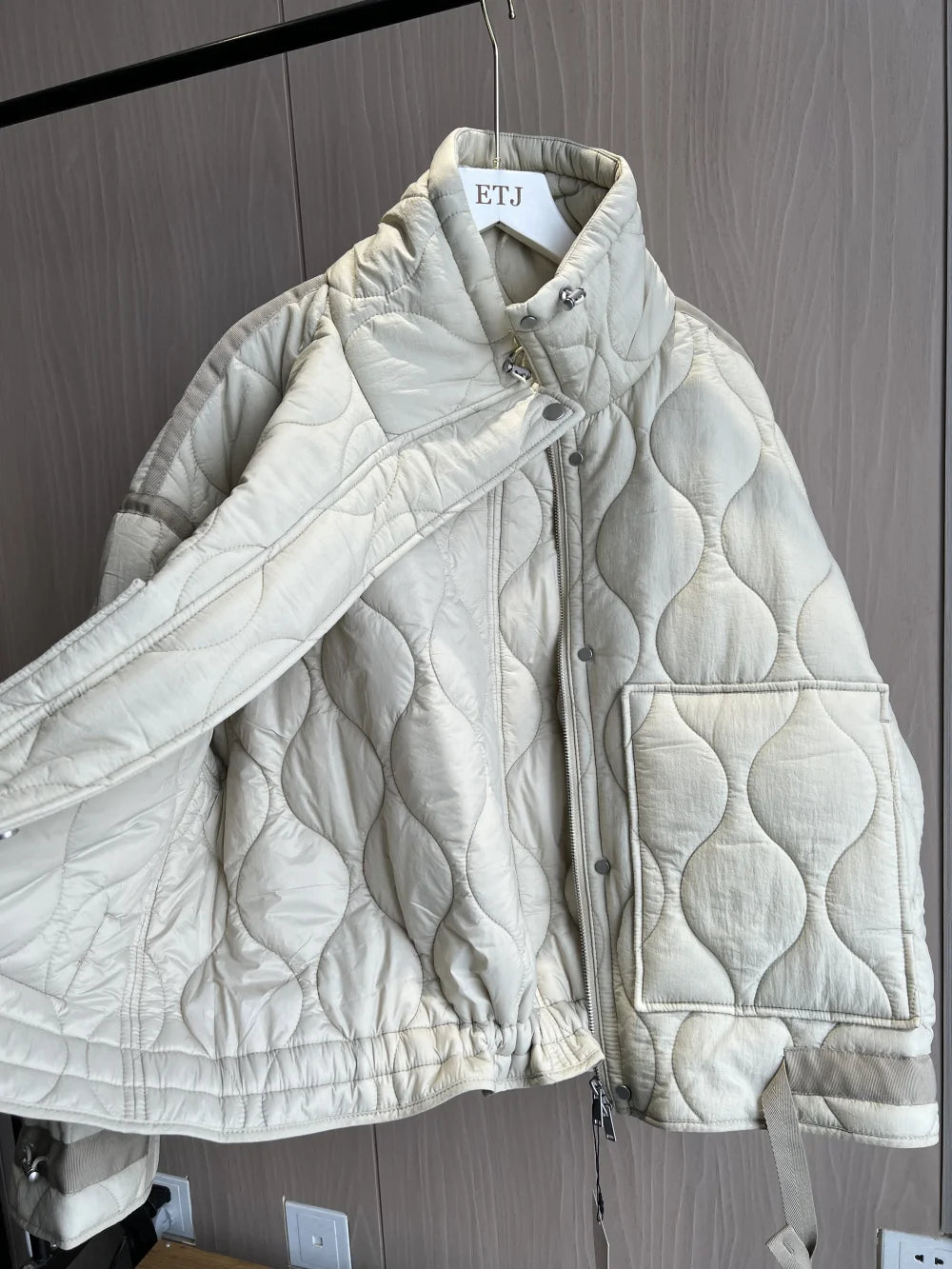 Women's Quilted Coat™ drawstring ties high neck pocket clip cotton jacket for women