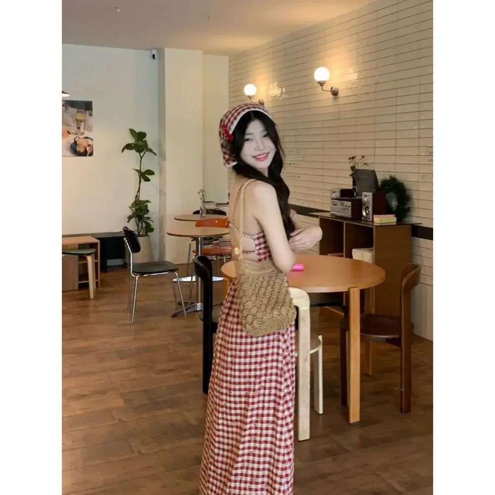 Women's Red Plaid Strapless Slim Fit Summer Dress™ French Style Backless Long Dress