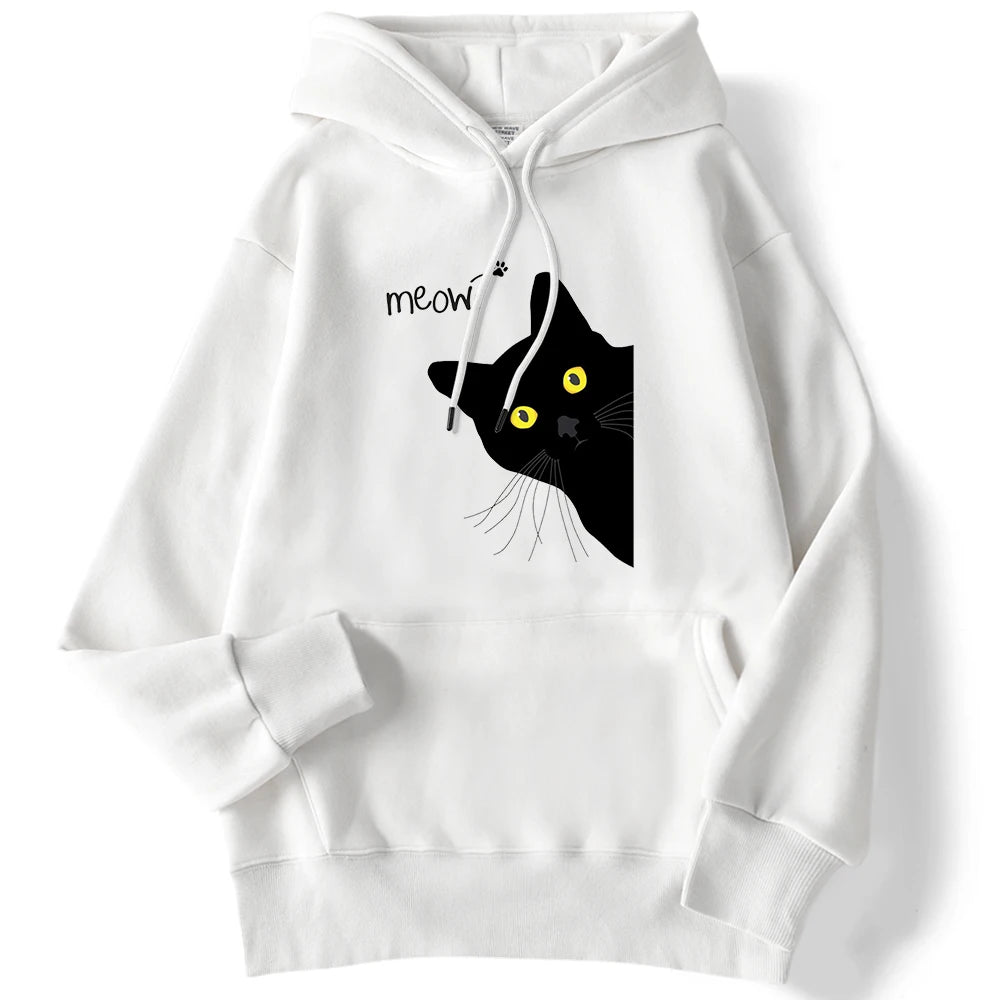 Women's Hoodies™ Meow Black Cat Printed Pullover Pocket Drop Sleeves Loose Hoodies