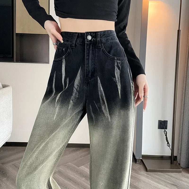 Women's High-waisted Black Grey Denim Pants™ Bell Bottoms Tie-dye Gradient Jeans