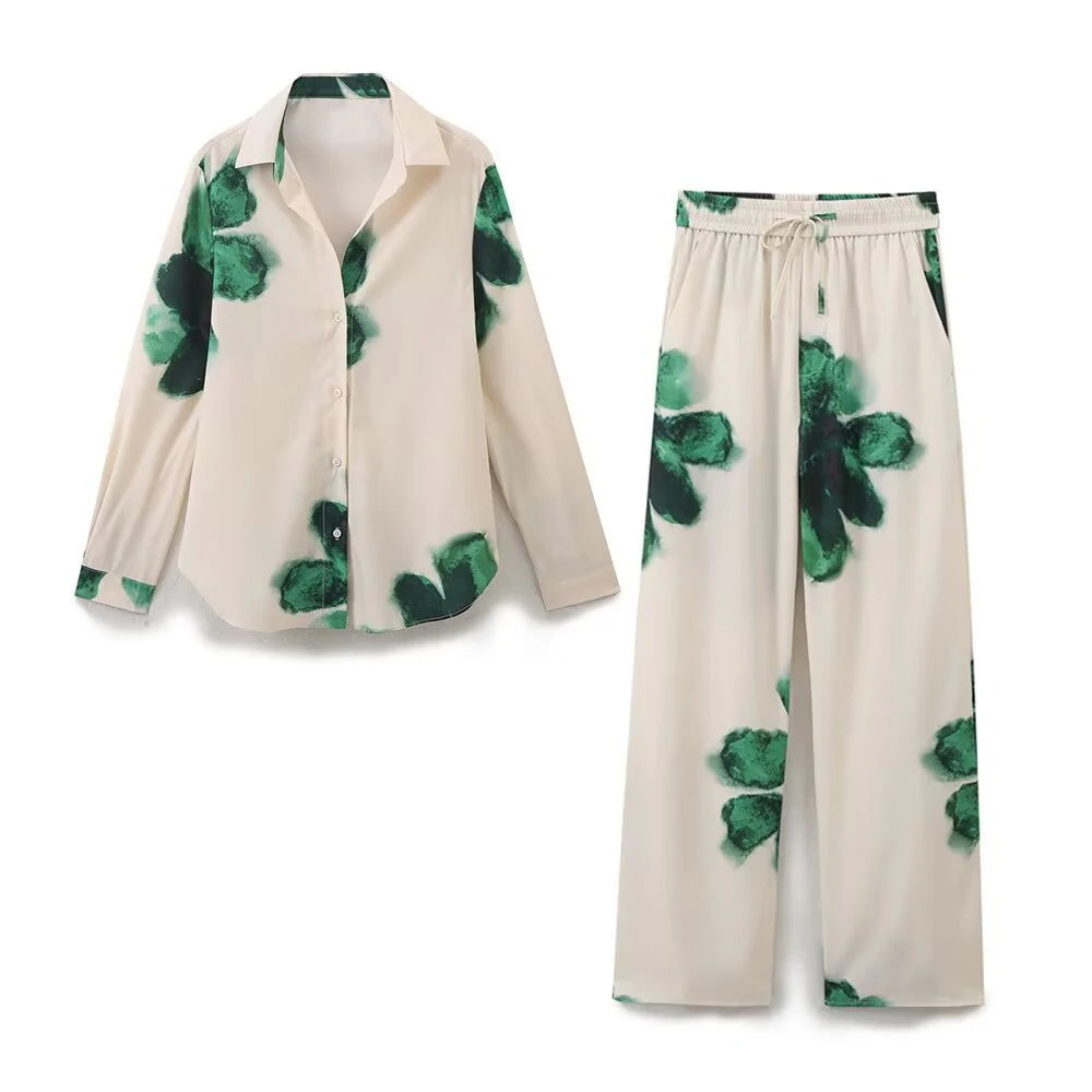 Women's TRAFZA Vintage Satin Suit™ Loose Lapel Shirt + High Waisted Pants Set