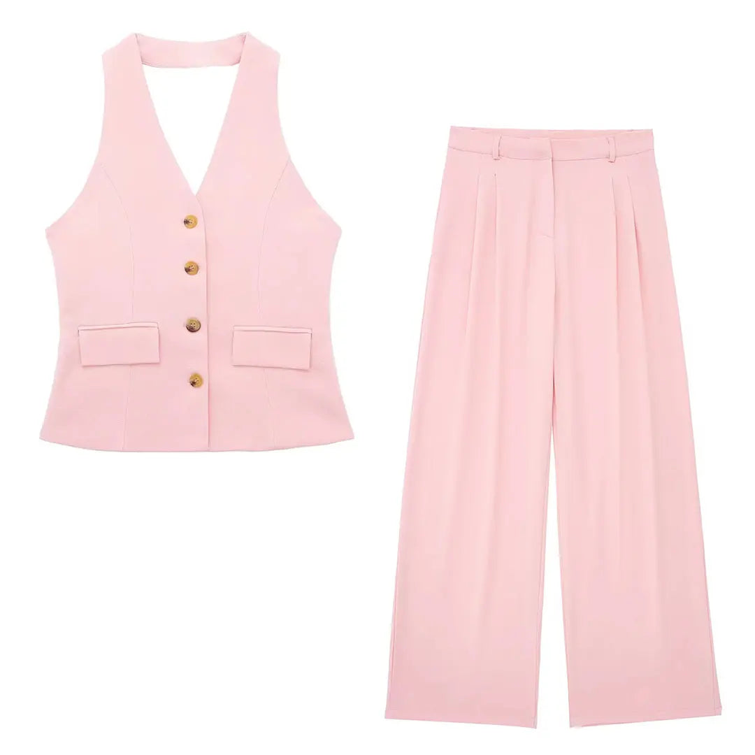 Women's TRAFZA Suit™ Halter Single Breasted Sleeveless Blazer Vest Top + Zipper Fly Trousers Sets