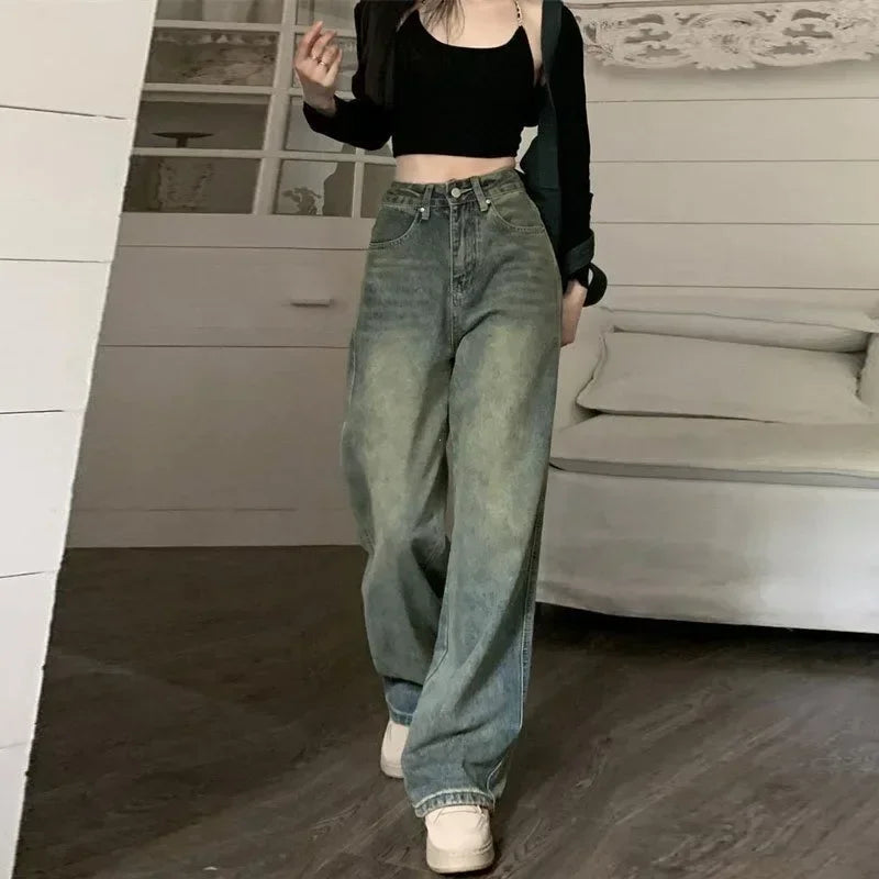 Women's Baggy Jeans™ Y2K Vintage Irregular High Waist Slimming Wide Leg Mop Long Pants Blue Baggy Jeans
