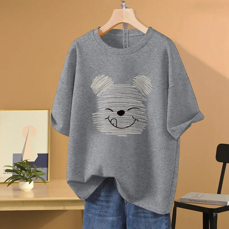 Women's Oversized Half Sleeve T-shirt Loose Fit Vintage Cartoon Bear Design T-shirt