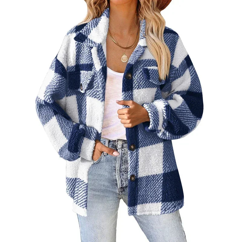 Women's Plaid Pattern Plush Coat™ Cardigan Fashion Loose Long Sleeve Jacket