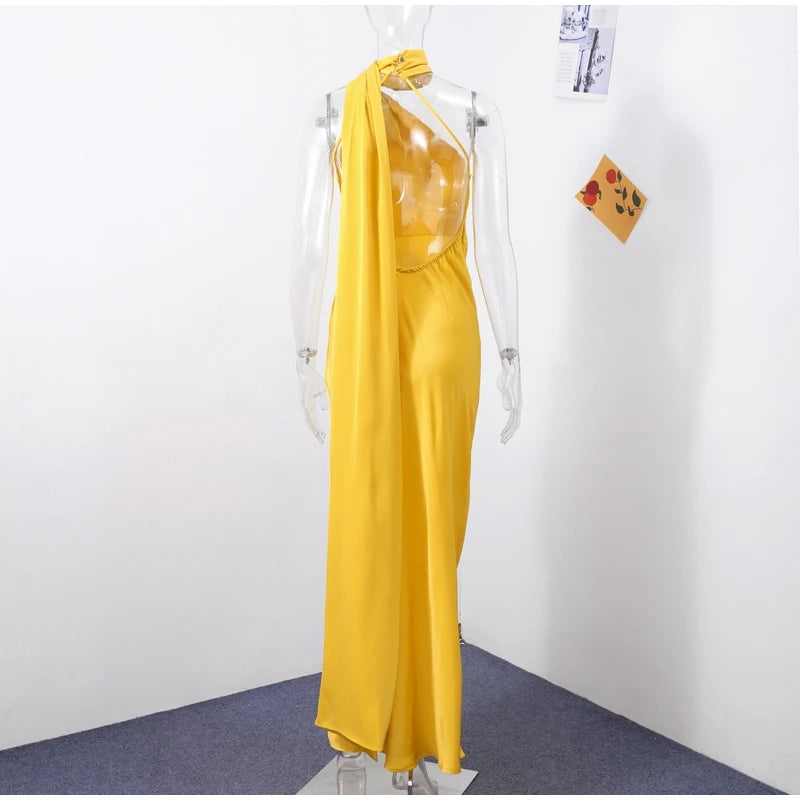 Women's Solid Ribbon Halter Dress™ Off Shoulder Sleeveless Backless Slim Maxi Dresses