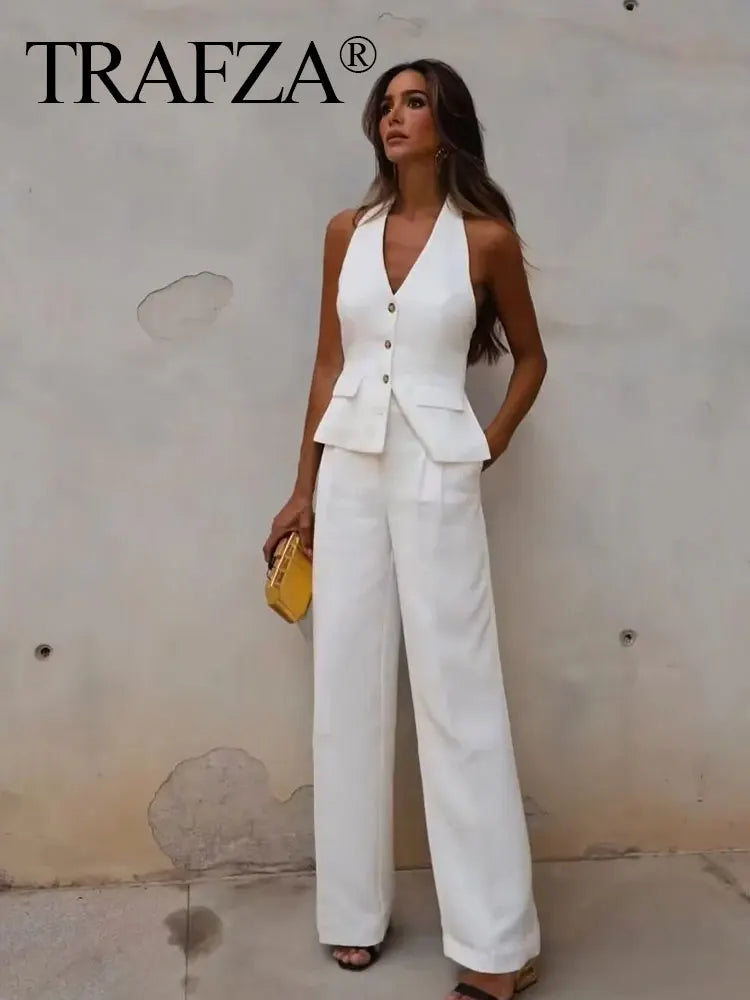 Women's TRAFZA Suit™ Halter Single Breasted Sleeveless Blazer Vest Top + Zipper Fly Trousers Sets