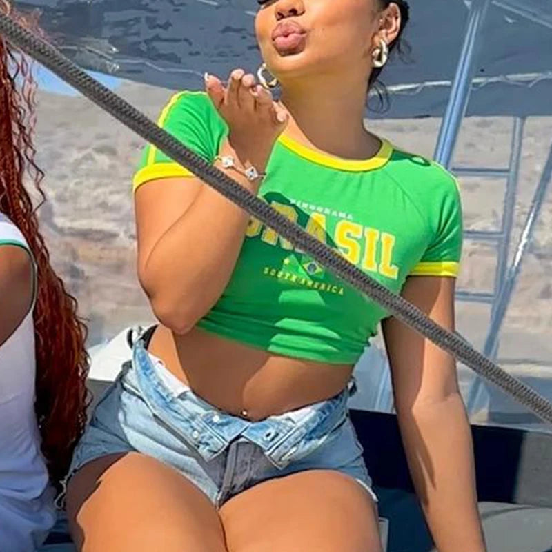 Women's Summer T-Shirt™ Retro Street Aesthetic Green Brazil Letters Print Crop Tops