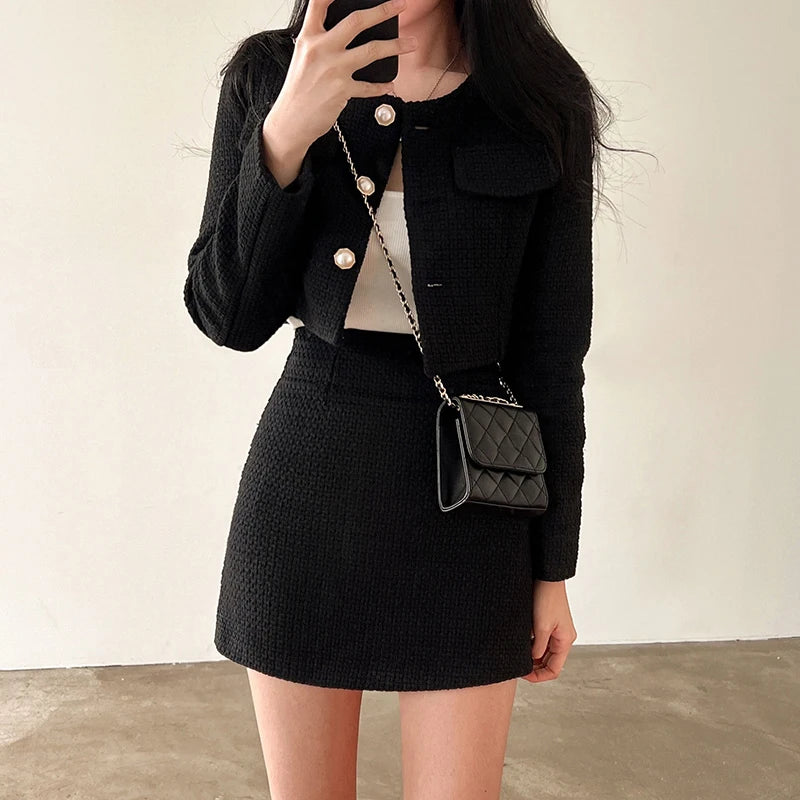 HELIAR Women's Jacket & Skirt Set™ Tweed Long Sleeve Pearl Buttons Short Jacket and A-line Mini Skirt Outfits