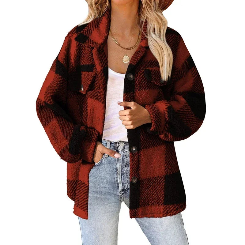 Women's Plaid Pattern Plush Coat™ Cardigan Fashion Loose Long Sleeve Jacket
