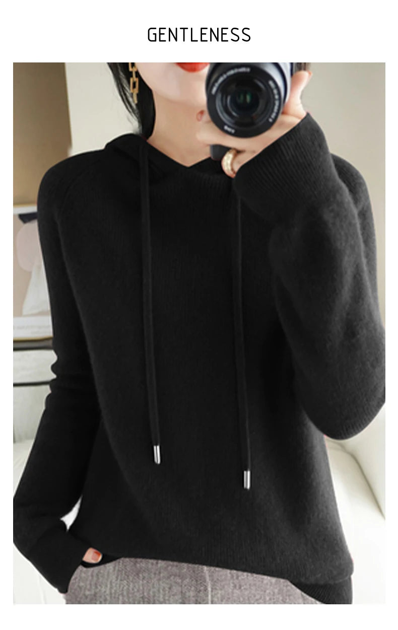 Women's Knitted Cashmere ™ Wool Sweater Hooded Neck Long Sleeve Pullover