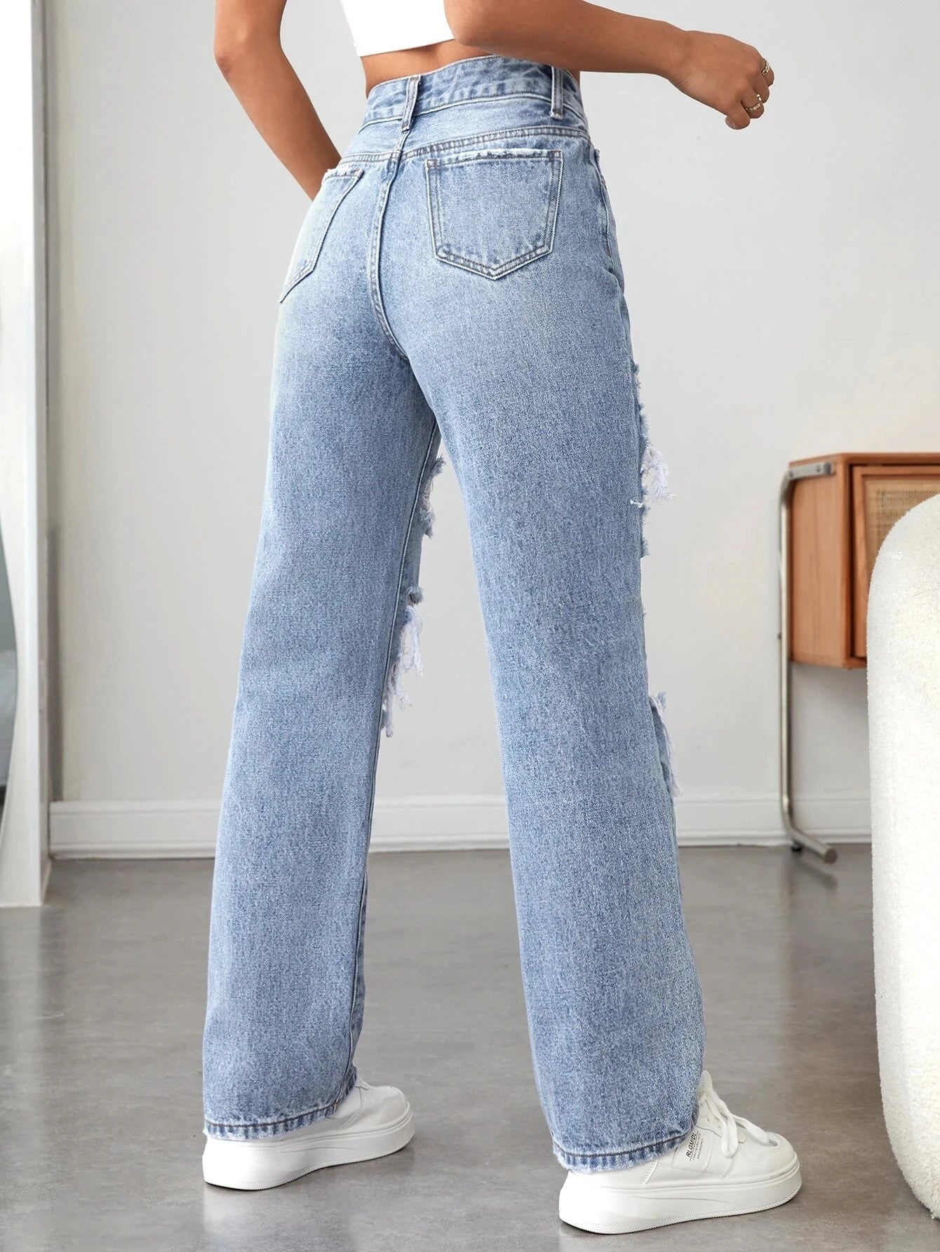 Women's light blue denim jeans™ ripped wide leg loose comfortable slimming all-match out jeans