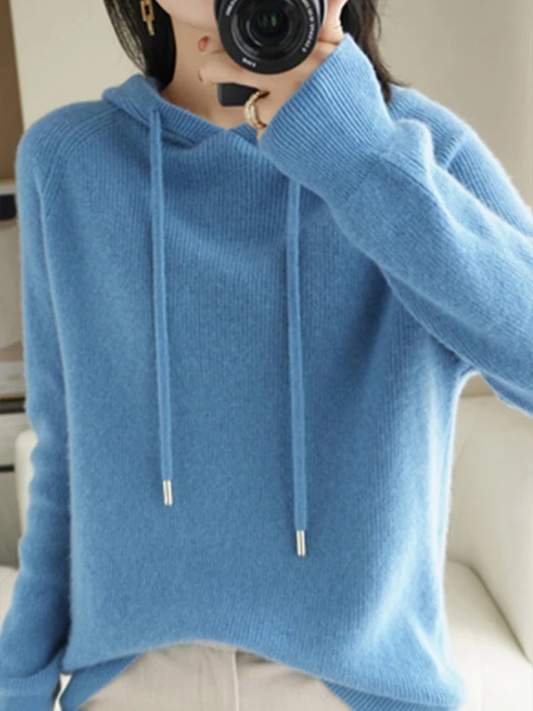 Women's Knitted Cashmere ™ Wool Sweater Hooded Neck Long Sleeve Pullover