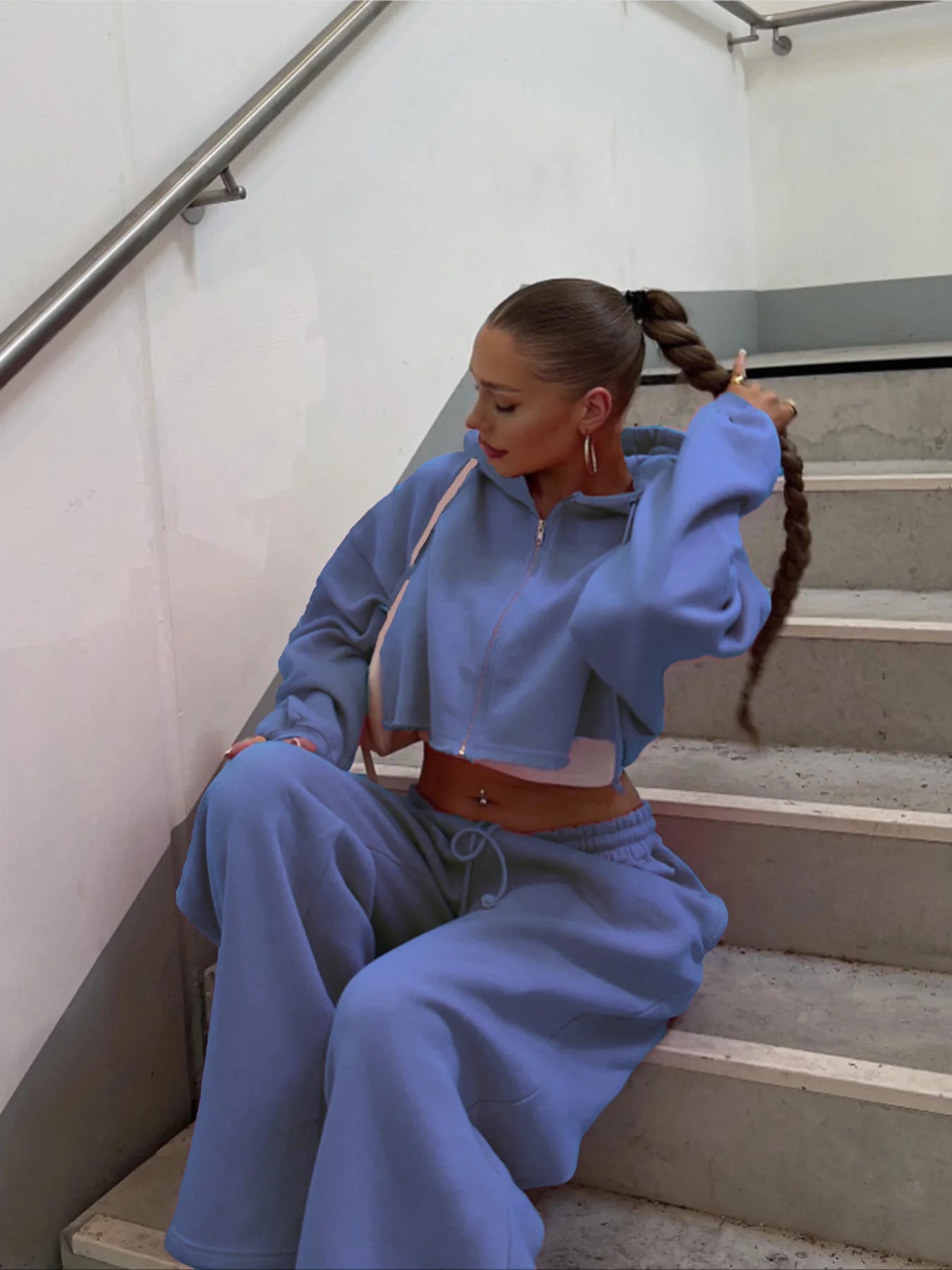 Women's Two Piece Set™ Zip Up Crop Drawstring Long Sleeve Hoodie &Drawstring Waist Sweatpant