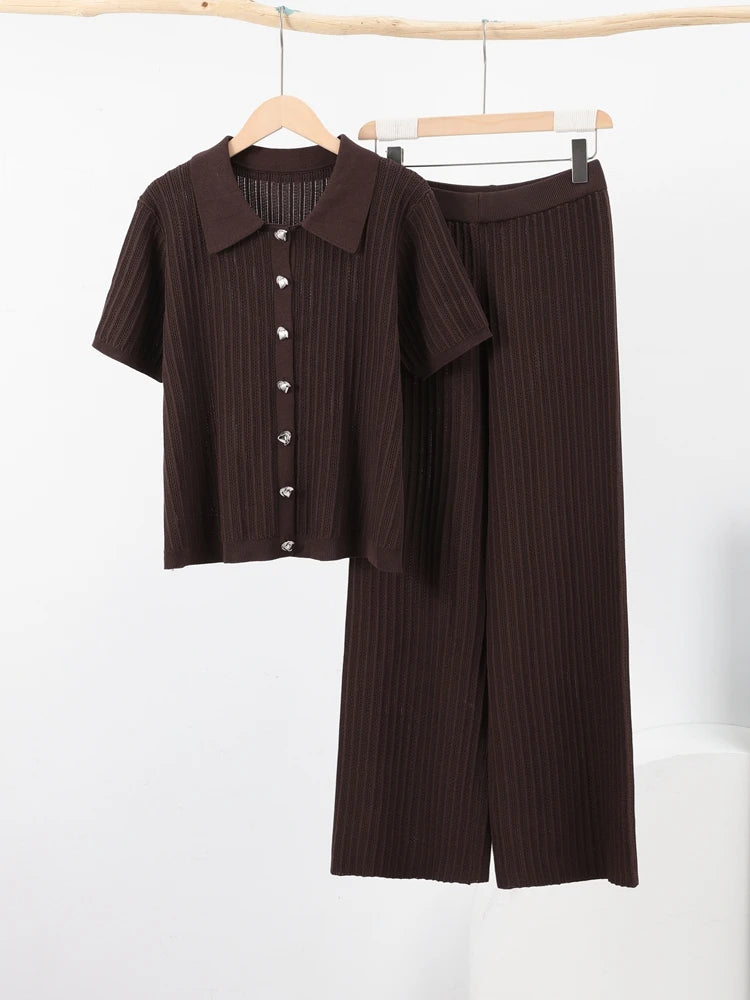 Women's Knitted Pants & Tops Set™ Turn Down Collar Half Sleeve Tops & Elastic Waist Straight Trousers Outfits