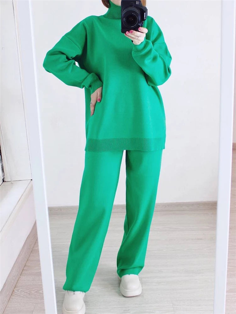 Women Tracksuit™ Knitted Turtleneck Sweater and Straight Jogging Pants Suits