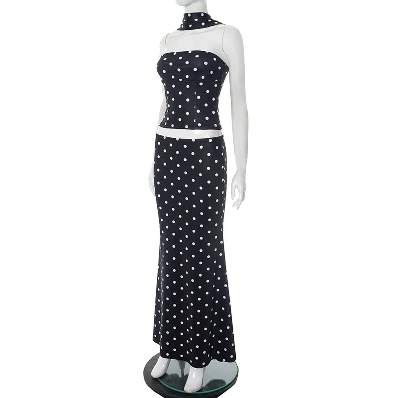 Women's CUTENOVA Polka Dot Set™ Hanging Neck Plunge Tank Top + Slim Long Skirt