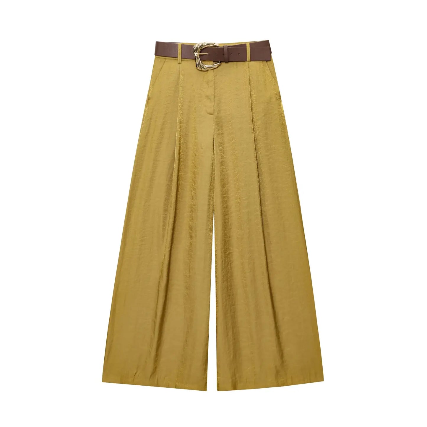 Women's Solid Color Belt Satin Pants™ Textured Wide Leg Casual Pants