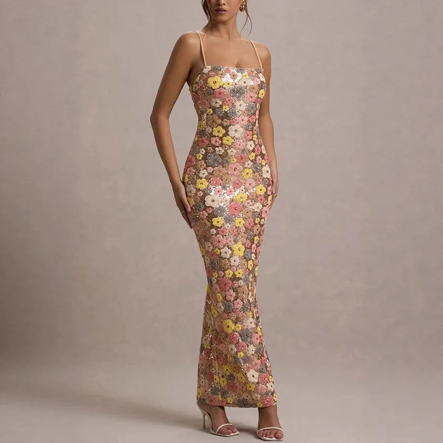 Women's Flowers Sequin Patchwork Slim Long Dress™ Strapless Sexy Sleeveless Dress