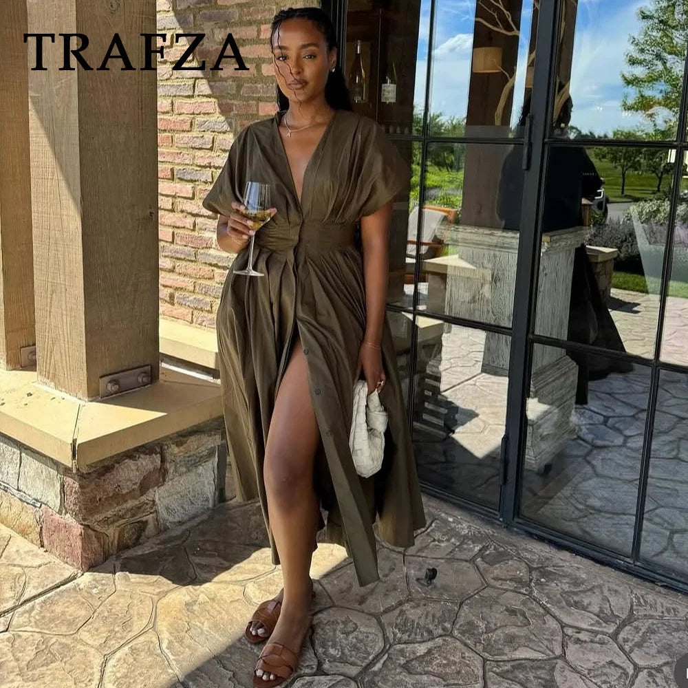 Women's Dresses™ TRAFZA Vintage Fashion Single Breasted Sashes Draped V Neck Sleeveless Dresses