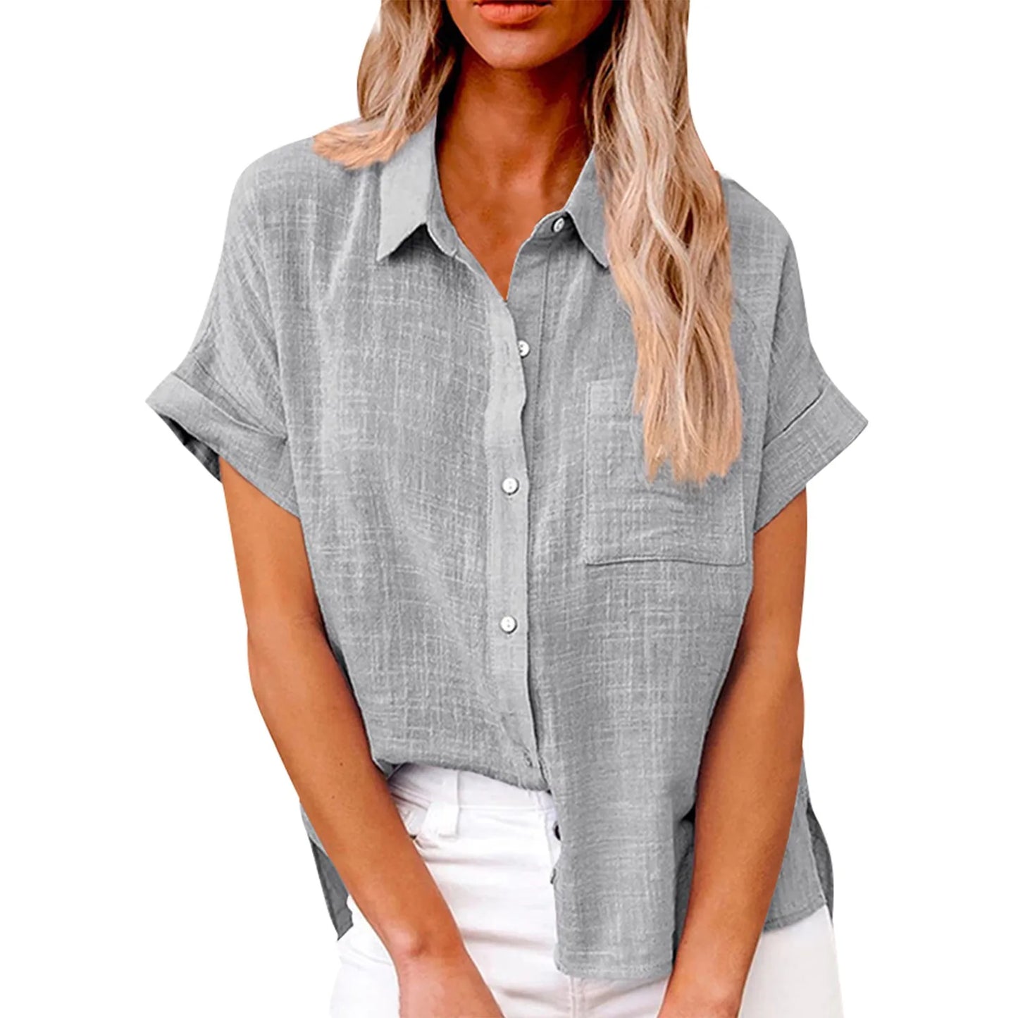 Women's Cotton Linen Classic Shirts™ Short Sleeve Lapel Button Down Shirt
