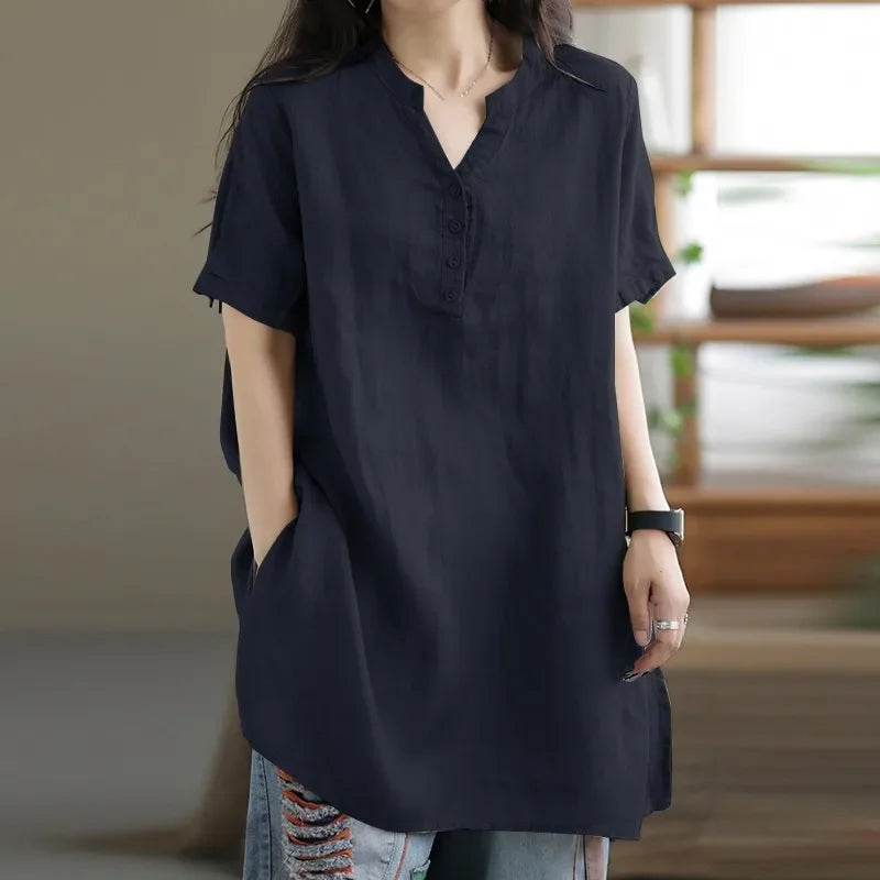 Women's Cotton and Hemp Shirt™ Commuting Style Casual Half Open Short Sleeve Shirt