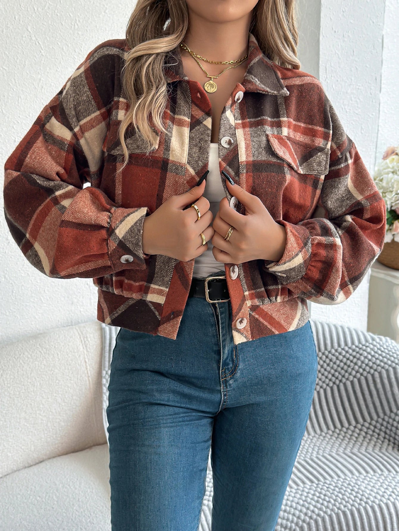 Women's Plaid Short Coat™ Lantern Long Sleeve Turn-Down Collar Button Woolen Jacket