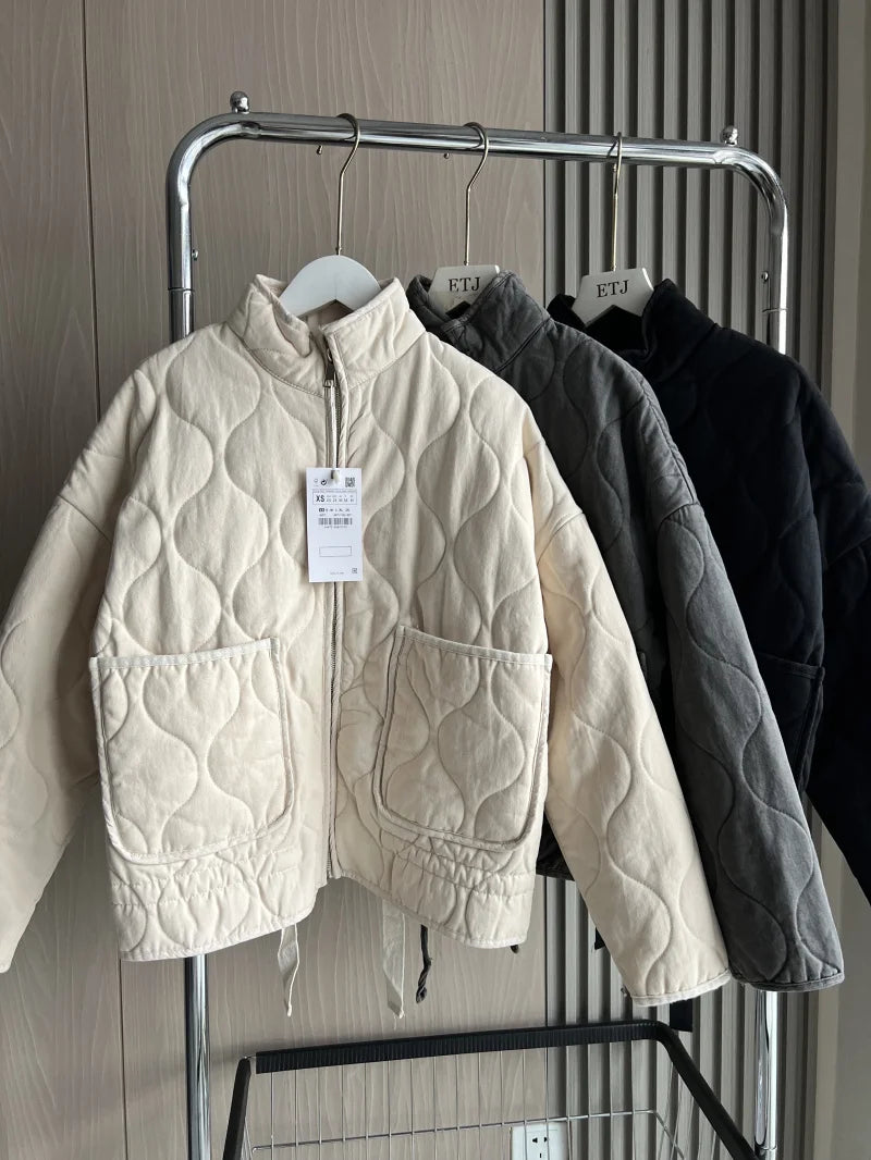 ZW Women's Cotton Jacket™ Traf New Arrival Vintage Lensing Rayon High Collar Large Pocket Quilted Coat