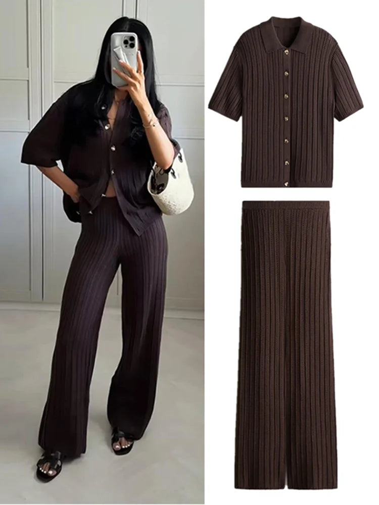 Women's Knitted Pants & Tops Set™ Turn Down Collar Half Sleeve Tops & Elastic Waist Straight Trousers Outfits