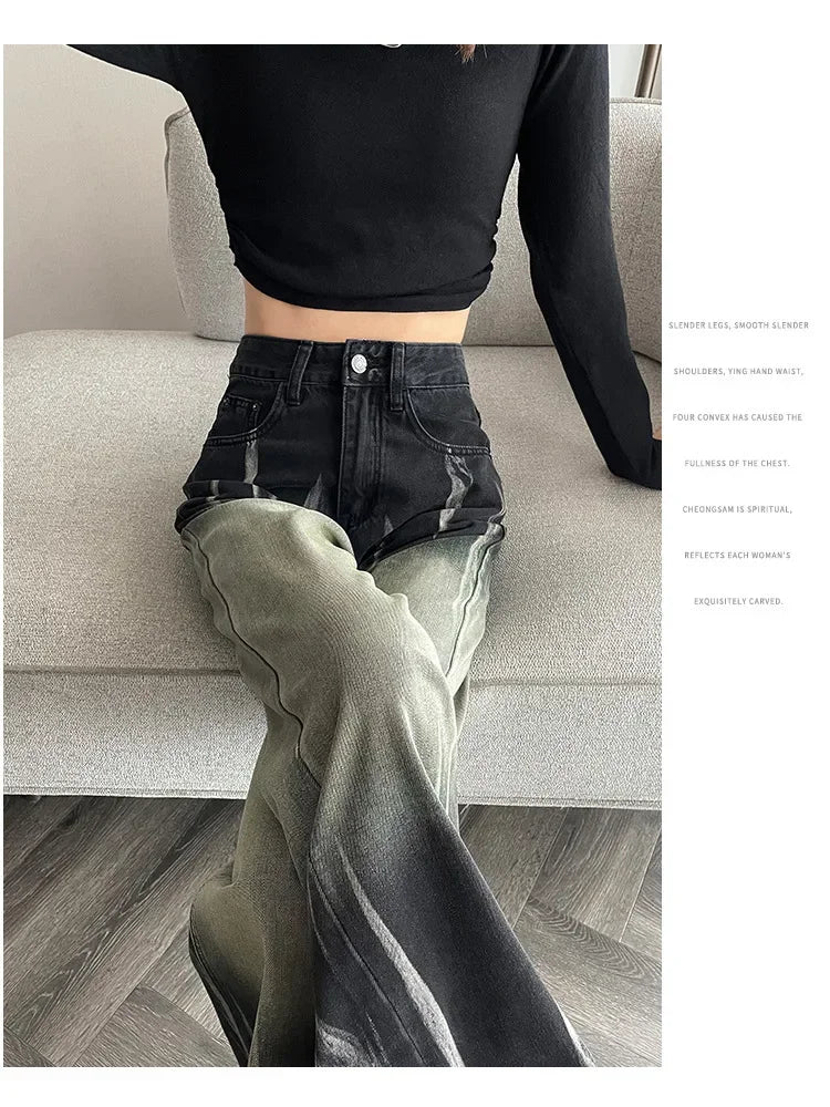 Women's High-waisted Black Grey Denim Pants™ Bell Bottoms Tie-dye Gradient Jeans