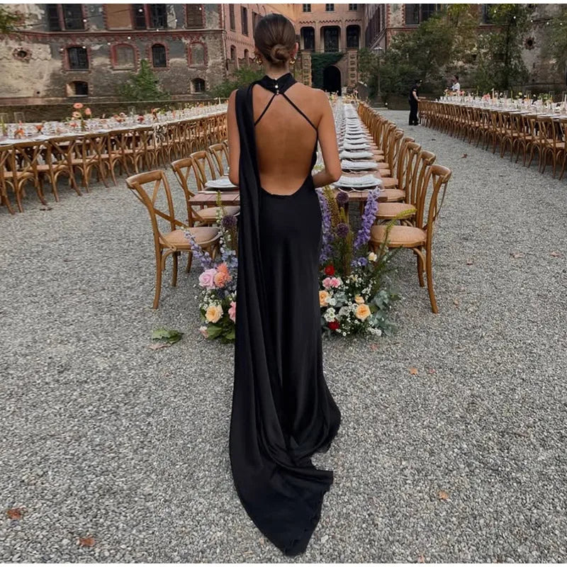 Women's Solid Ribbon Halter Dress™ Off Shoulder Sleeveless Backless Slim Maxi Dresses