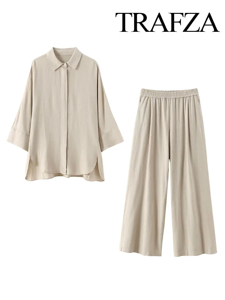 Woman's 2 Piece Set™ TRAFZA Elastic Waist Pocket Folds Decorate Wide Leg Pants Solid Single-Breasted Slit Hem Blouse Top