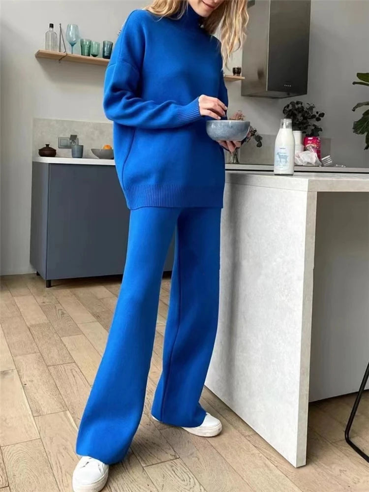 Women Tracksuit™ Knitted Turtleneck Sweater and Straight Jogging Pants Suits