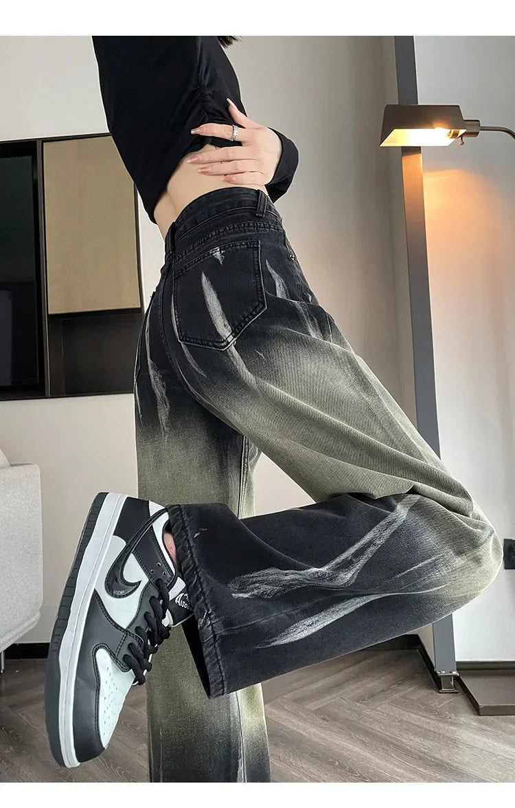 Women's High-waisted Black Grey Denim Pants™ Bell Bottoms Tie-dye Gradient Jeans