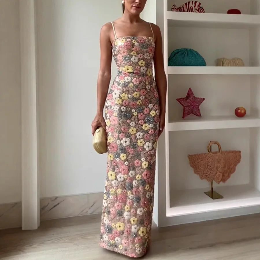 Women's Flowers Sequin Patchwork Slim Long Dress™ Strapless Sexy Sleeveless Dress