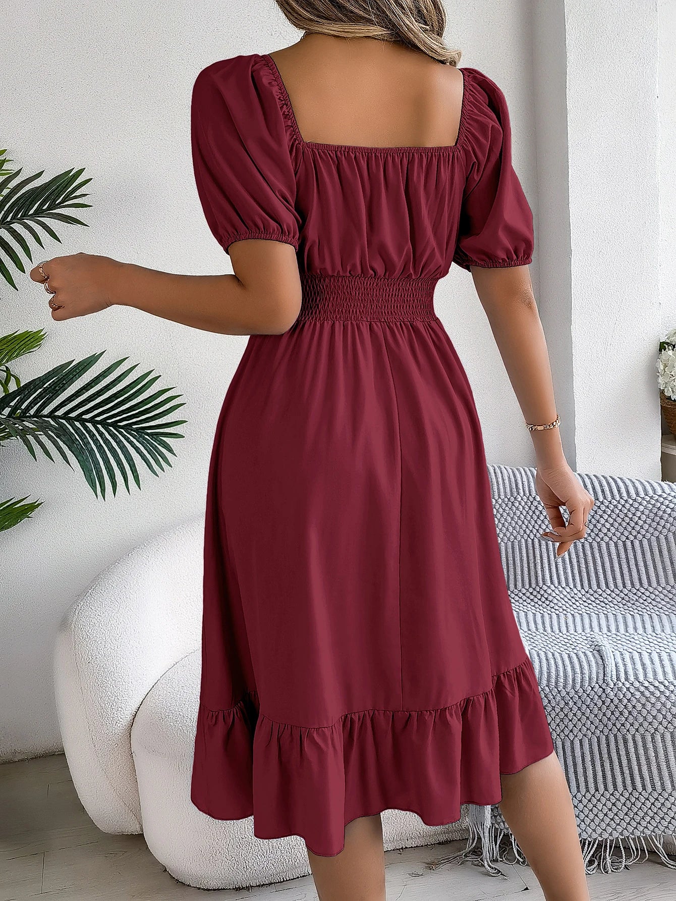 Women's Solid Puff Sleeve Square Neck Dress™ Ruched Bust Ruffle Hem Waist Dress,