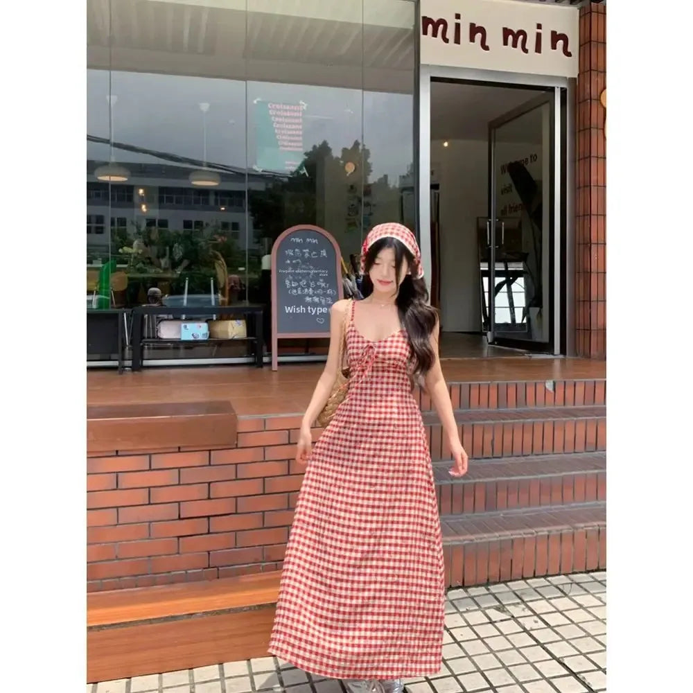 Women's Red Plaid Strapless Slim Fit Summer Dress™ French Style Backless Long Dress