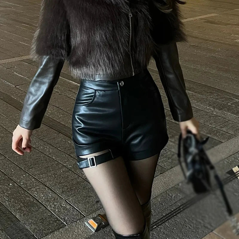 Women's Shorts™ High Waist PU Leather Versatile Hot Shorts Hollow out Buckle Slim Shorts