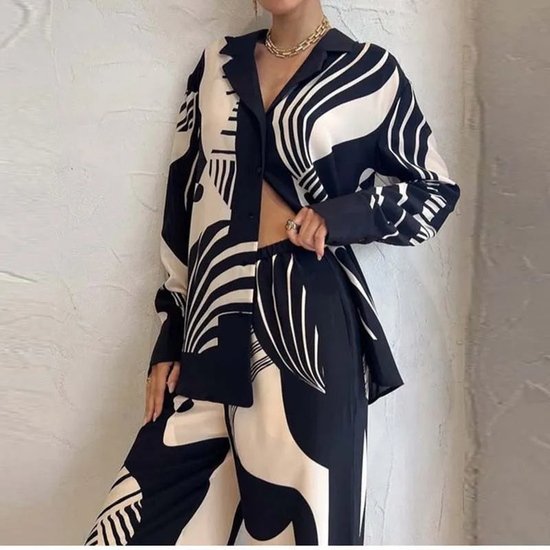 Women's 2 Piece Set™ Chic Lapel Long Sleeved Blouse Top Loose Straight Leg Pants Suit