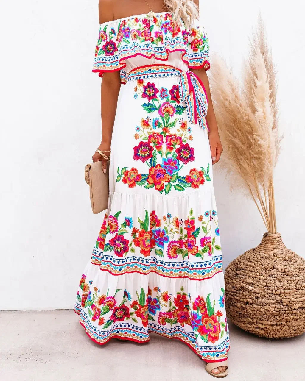 Women's Spring Summer Dresses™ Stand Off-shoulder Red Flower Printing Long Oversized Wide Hemline Sleeveless Dress
