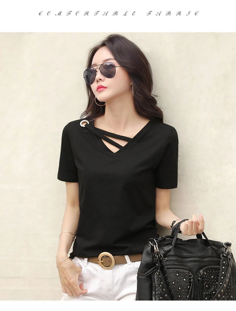 Women Short Sleeve Heart-neck T-shirt™ Half-sleeve Loose Tops