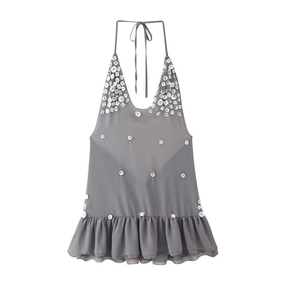 Women's Halter Sequin Ruffled Mini Dress™ V-neck Sleeveless Lace Up Backless Pleated Dresses